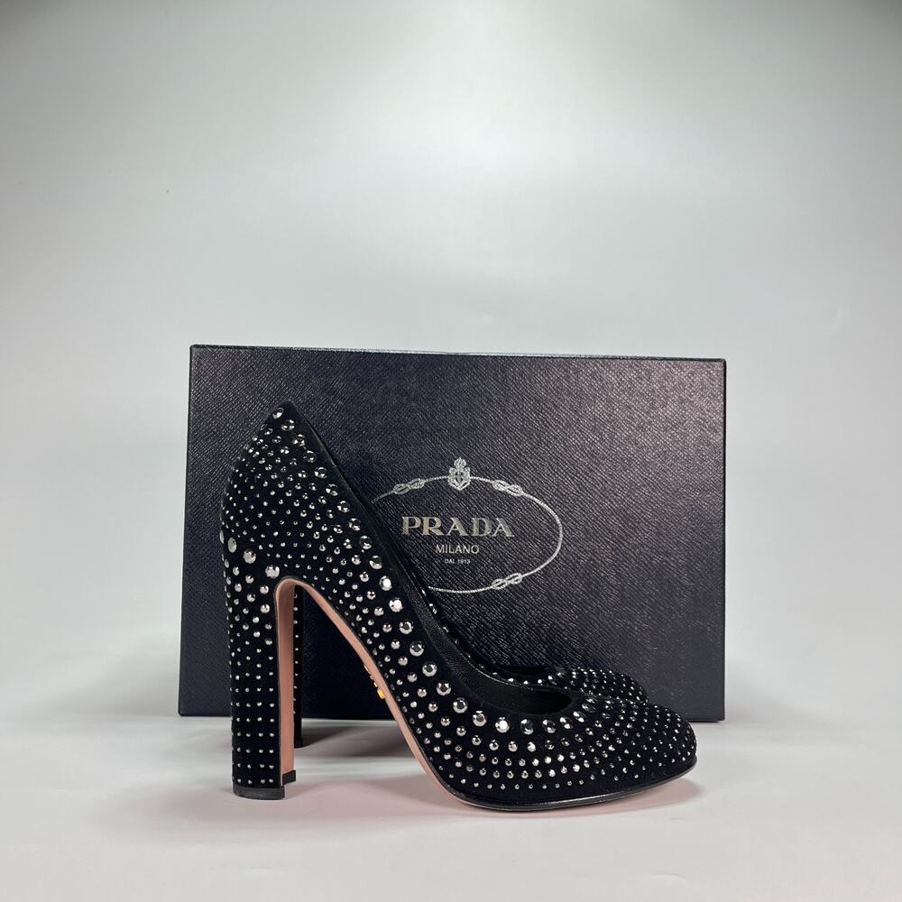 Prada Calzature Donna Nero Studded Block Heel Pumps Women's Size US 6.5 EU 37